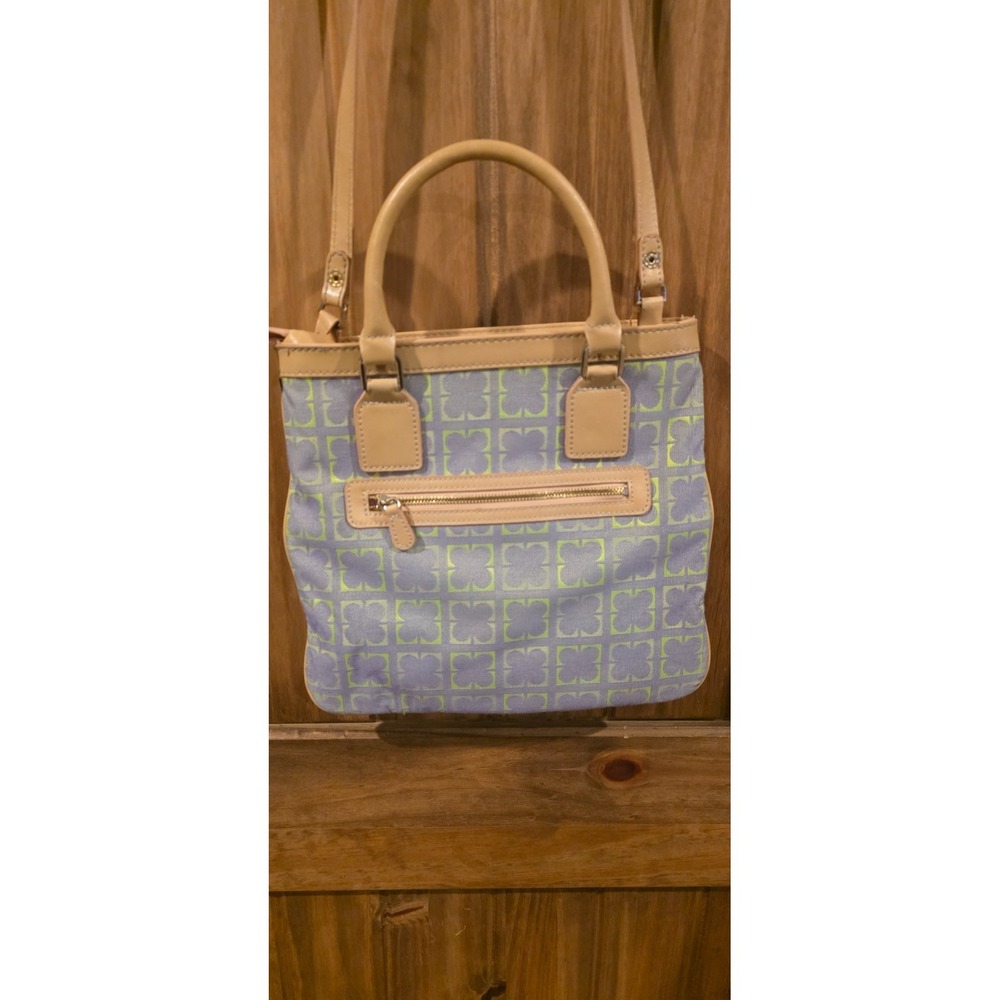Liz‎ Claiborne Tote Handbag Womens Blue Geometric Canvas Leather Trim Classic